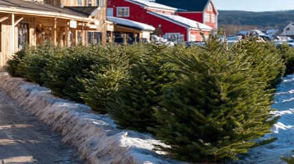 Snow-kissed firs eagerly await homes, embodying Yuletide whispers and Winter Solstice cheer amid quaint rustic barns