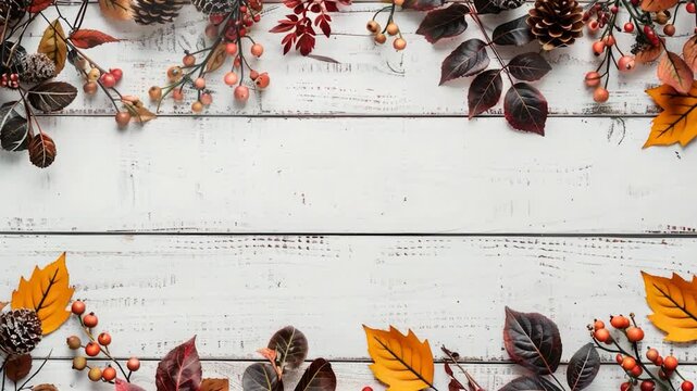 Video A wooden table adorned with autumnal foliage and berries, great for still life  or seasonal decor