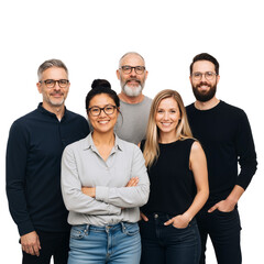 Diverse, Approachable Team in Smart-Casual Attire Poses Against White Background &mdash; Glasses, Jeans, Layered Tops &mdash; Radiating Authentic Collaboration, Inclusive Startup Culture, and Human-Centered Profe