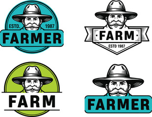 Farmer logo set, agriculture branding illustration, vintage portrait design, wide-brim hat icon, ESTD 1987 farm identity, rural business emblem