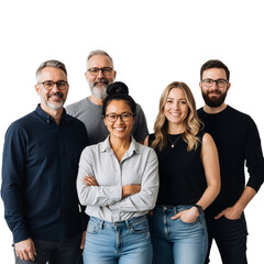 Diverse, Approachable Team in Smart-Casual Attire Poses Against White Background &mdash; Glasses, Jeans, Layered Tops &mdash; Radiating Authentic Collaboration, Inclusive Startup Culture, and Human-Centered Profe