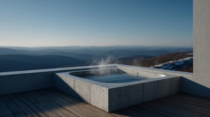Steaming hot tub atop a secluded mountain retreat, exuding tranquility and zen, perfect for Hygge celebrations or solitude retreats