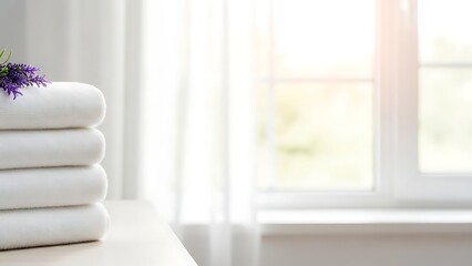 Fresh towels stacked near window in bright room