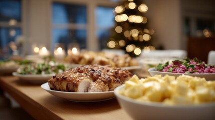 Festive feast gleams under candlelight with succulent roasted turkey, celebrating Yule tide & Turquoise, a fantasy culinary mosaic