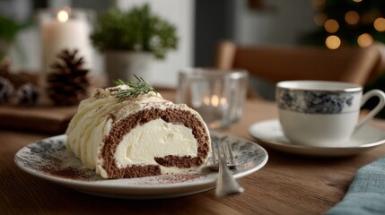 Enticing yule log cake evokes winter solstice coziness, creamy swirls whisper holiday tales by flickering candlelight, hygge delight