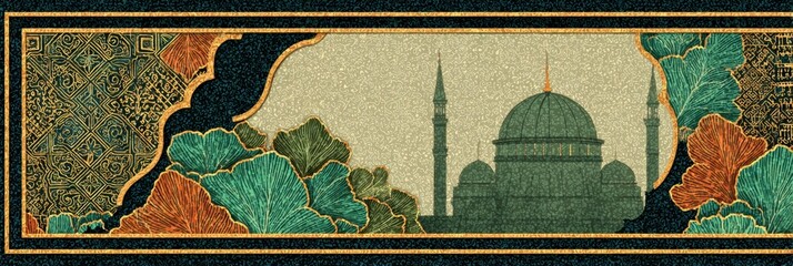 islamic geometric design, a contemporary postcard template with interlocking islamic geometric designs in muted gold, soft teal, and ivory, surrounding a clean white space with an illuminated mosque