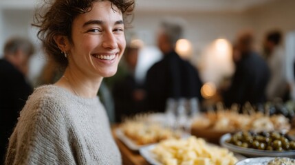 A joyful woman of Caucasian descent beams amid a festive cheese feast, embodying conviviality and hygge during Cheese Fondue Day