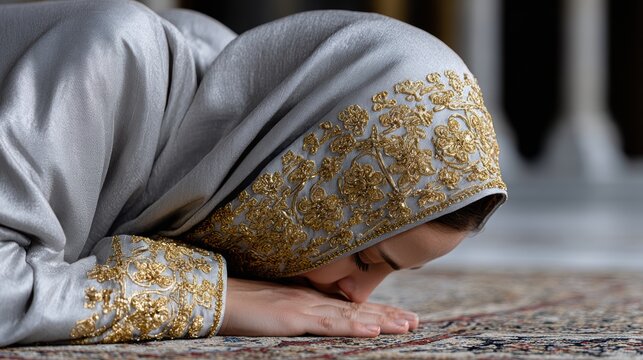 islamic fashion and worship, a woman in modest attire gracefully performs sujood in a beautifully adorned prayer room, exuding elegance and devotion