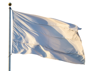 White Flag Waving on a Metal Pole Against a Black Background Keywords: flag, white, waving, fabric, cloth, pole, metal