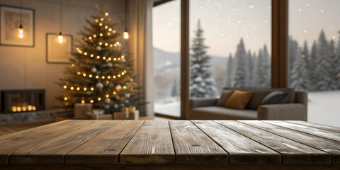 Empty woooden table top with abstract warm living room decor with christmas tree string light blur background with snow,Holiday backdrop,Mock up banner for display of advertise product

