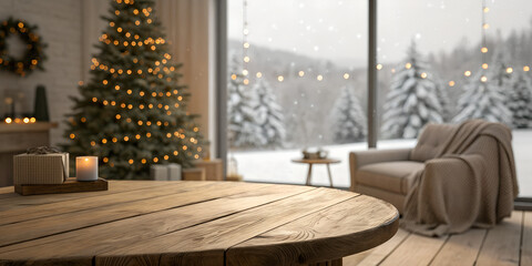 Empty woooden table top with abstract warm living room decor with christmas tree string light blur background with snow,Holiday backdrop,Mock up banner for display of advertise product
