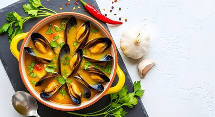 Delicious mussels cooked in a vibrant yellow broth with fresh herbs and spices