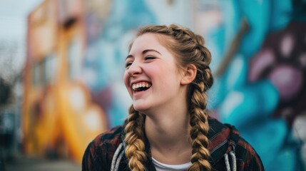 Joyful Radiance: A young individual with braided hair exudes pure happiness, her laughter echoing amidst vibrant street art. This image celebrates youth, freedom.