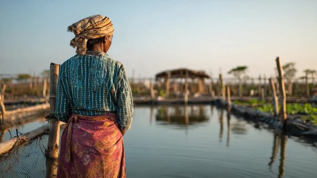 Solitude by the Water: An older woman, seen from the back, gazes thoughtfully upon a serene expanse of water in a rural setting, possibly contemplating the day's harvest.