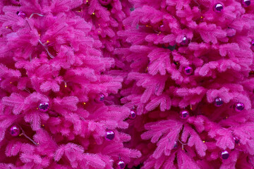 Pink spruce branches with burgundy baubles. New Year's background. Part of the frame.