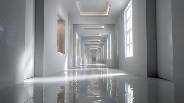 Minimal white corridor with soft shadows and reflective silence 