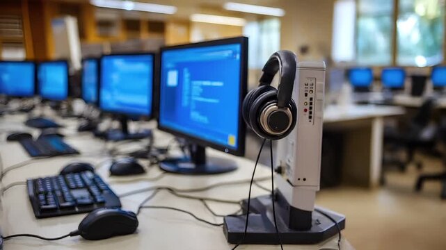 Holiday shopping season. Retail business promotion concept. A closeup shot of a computer monitor displaying a blue screen with a code snippet. The monitor is on a desk with a keyboard and mouse.