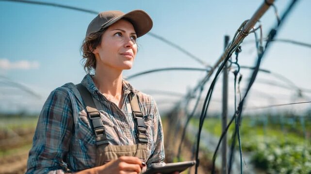 Smart Farmer and Technology: A dedicated farmer, harnessing the power of technology with a tablet, meticulously surveys her thriving crops within the sustainable environment of a greenhouse.