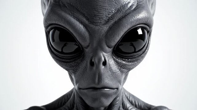 A closeup of a gray alien with large eyes and sharp fingers isolated on white background