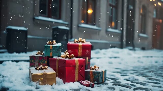 Winter holiday celebration concept. Christmas New Year. A snowy urban street scene with a pile of wrapped presents on snowcovered ground. The presents are red and gold.