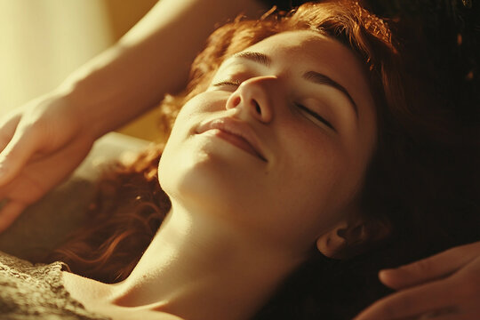 Generative AI image of peaceful young woman relaxing with eyes closed during alternative aromatherapy healing session