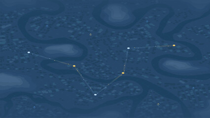 GPS tracking route with yellow checkpoints. Dark isometric city map with navigation path and waypoints. Vector illustration.
