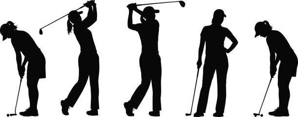 Collection of female golfer silhouettes in various active swing and putting action poses, vector illustration set on white background.