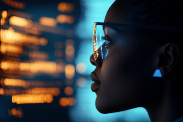 Interacting with digital holographic interface in futuristic virtual space innovation scene, generative ai