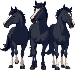 Black horses illustration isolated on white background, strong animal herd clipart