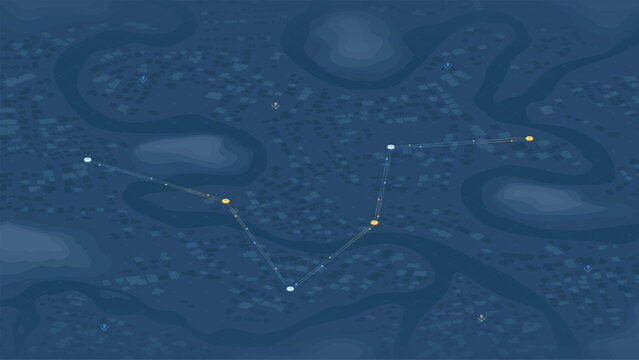GPS tracking route with yellow checkpoints. Dark isometric city map with navigation path and waypoints. Vector illustration.