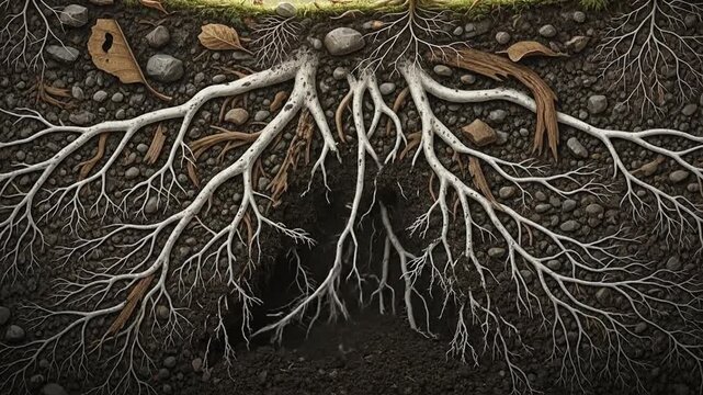 Detailed Cross-Section of Tree Roots Showing Underground Symbiotic Network