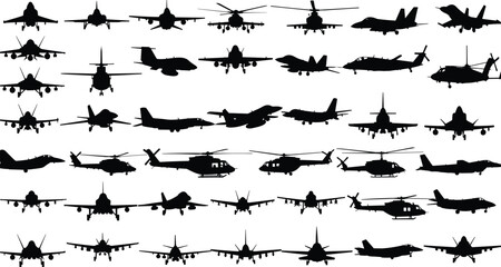 Military aircraft silhouette set, fighter jet and helicopter icons, black vector illustration, aviation design, defense concept, tactical air fleet