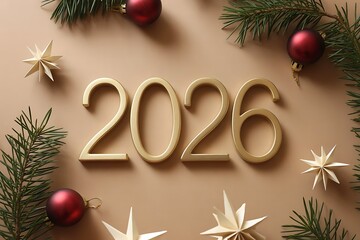 Clean New Year 2026 Flat Lay Background with Metallic Numbers and Copy Space