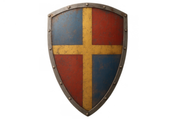 Distressed medieval shield with a golden cross on a background of red and blue, portraying protection and history. Transparent background