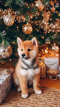 Niedlicher Shiba-Inu-Welpe unter festlich geschm&uuml;cktem Weihnachtsbaum