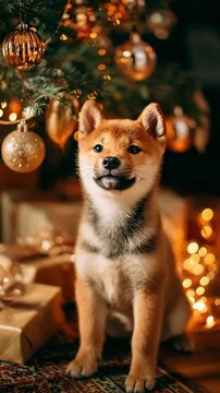 Niedlicher Shiba-Inu-Welpe unter festlich geschm&uuml;cktem Weihnachtsbaum