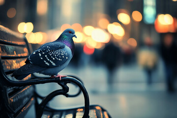 Beautiful dove perched on a city bench during downtown evening lights with urban atmosphere, generative ai street wildlife concept