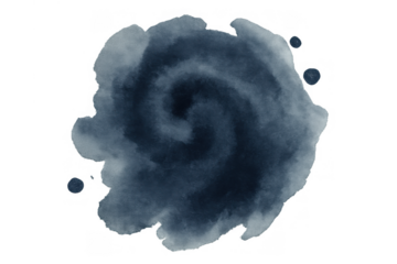 Dark blue watercolor splash generating an abstract swirl texture with paint drops on a transparent background