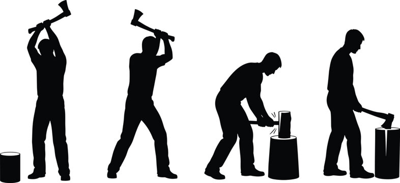 The image is a silhouette illustration depicting a sequence of actions related to chopping wood.