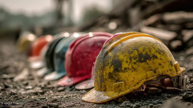 Construction site shows various hard hats in a row on the ground at a work area during daylight