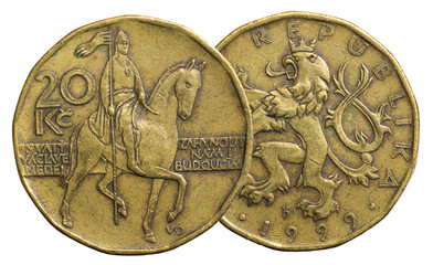 Close-up of the obverse and reverse of a Czech 20 korun coin from 1999, featuring the statue of St. Wenceslas on horseback and the coat of arms of the Czech Republic (lion).