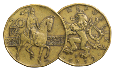 Close-up of the obverse and reverse of a Czech 20 korun coin from 1999, featuring the statue of St. Wenceslas on horseback and the coat of arms of the Czech Republic (lion).