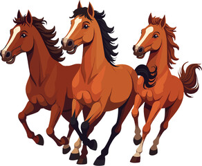 Running horses illustration isolated on white background, dynamic animal herd clipart