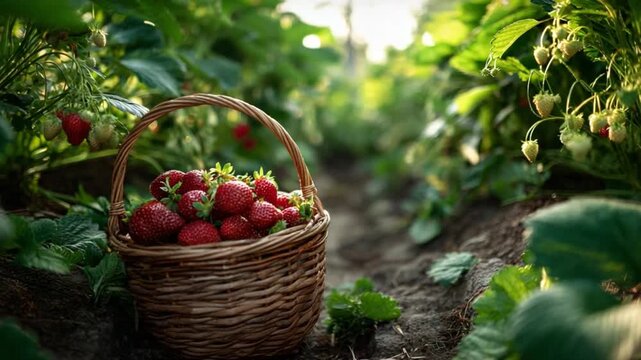 Basket of Strawberries: A rustic woven basket overflows with ripe, vibrant strawberries, nestled amidst the lush greenery of a sun-drenched strawberry patch, offering a fresh, natural harvest.