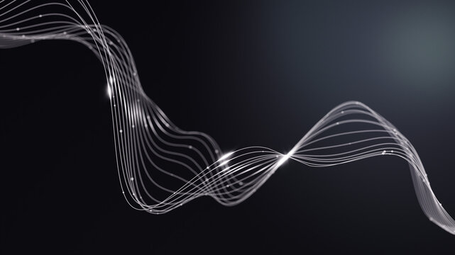 Sleek, futuristic silver lines wave creating an undulating pattern, 3d rendering concept of digital communication, network connections, and innovative technology.