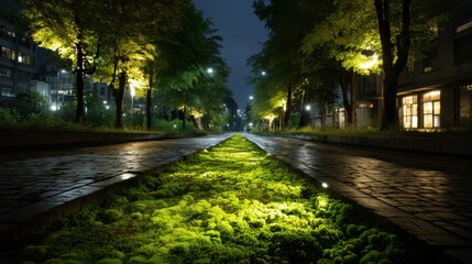 Obraz premium Bioluminescent moss illuminating city streets at night urban environment photographic art