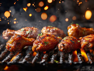 Hot grilled chicken drumsticks and wings sizzling over open flames with rich seasoning, sparks and smoke. Barbecue ads, restaurant promotion, summer grilling campaign, dynamic food marketing visuals.