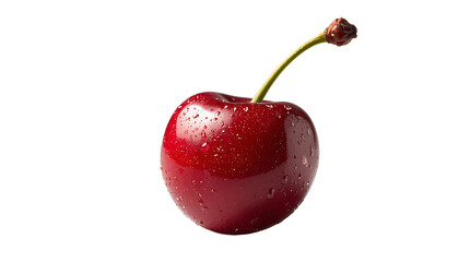 Single ripe cherry with water splashes, background removal for creative compositing, fresh red berry with stem and realistic highlights.