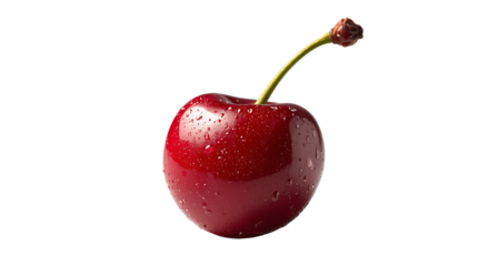 Single ripe cherry with water splashes, background removal for creative compositing, fresh red berry with stem and realistic highlights.