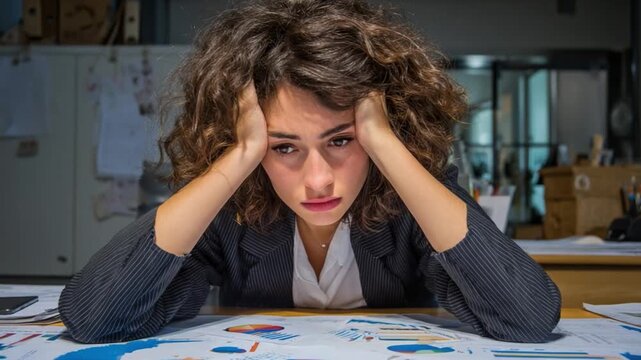 Overwhelmed at Work: A businesswoman, head in hands, exhibits the stress and pressure of the modern workplace, with charts and documents scattered on the desk.